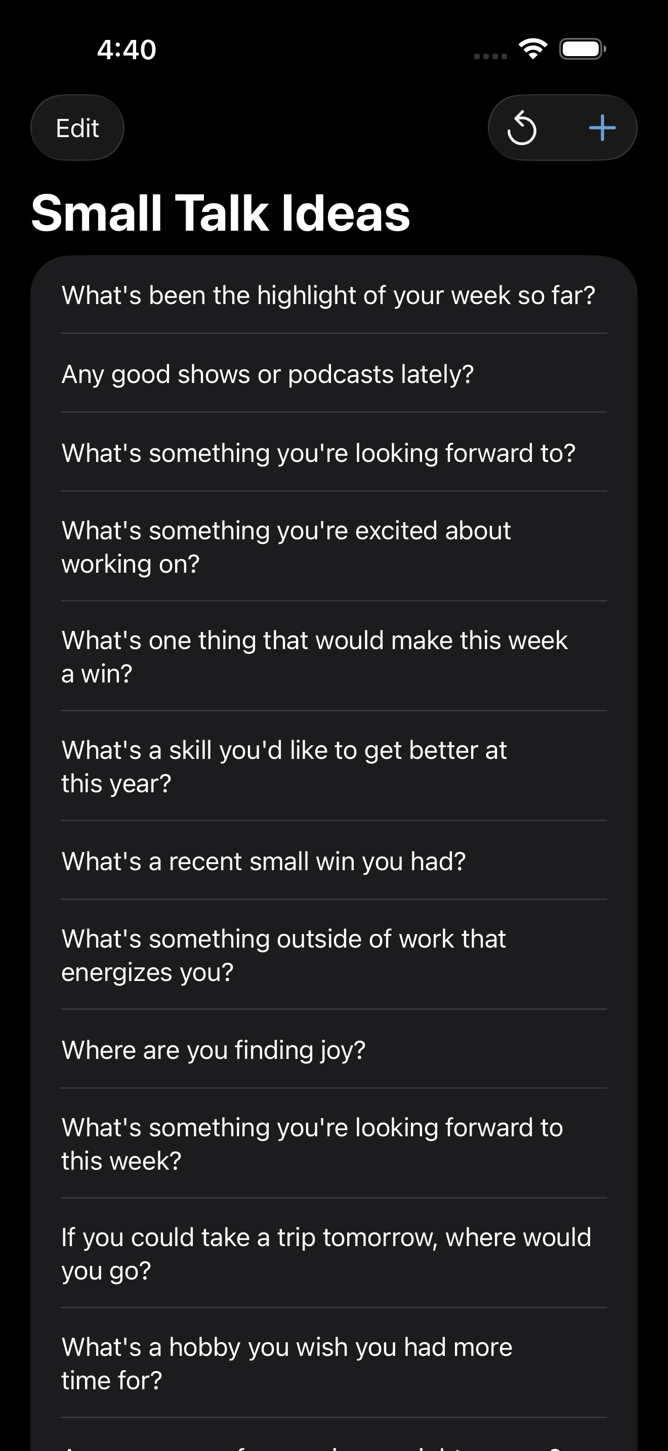 Wrist Banter small talk ideas list on iPhone