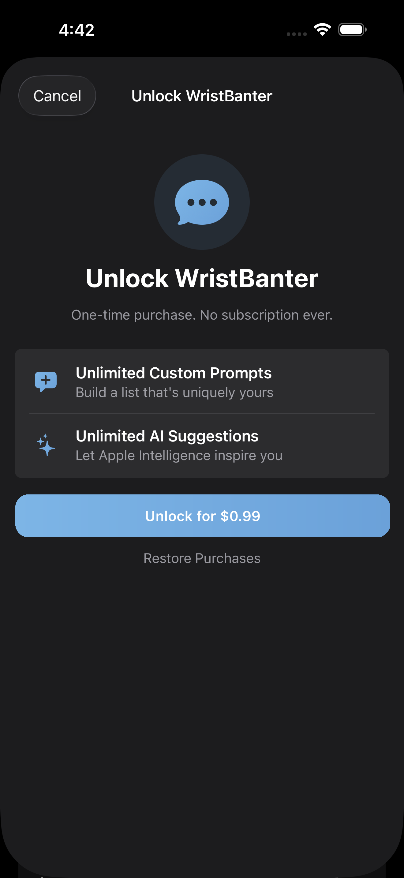 Wrist Banter one-time unlock, no subscription